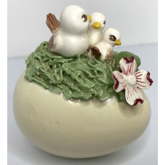 Vintage Unique Ceramic White Egg with 3D Flower Applique & Birds SKU PB188-4 - Picture 2 of 4